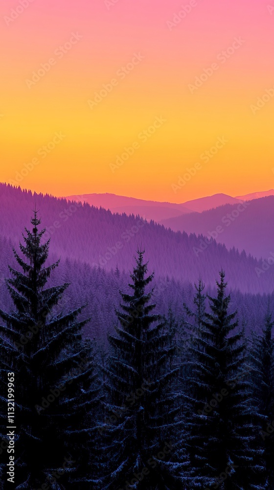 Fototapeta premium Silhouetted Forest Against a Winter Sunset Gradient Sky Winter Sunrises and Sunsets, Winter season, Happy New Year, Happy Christmas