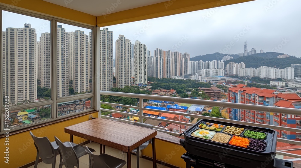 Fototapeta premium A balcony view featuring a grill setup with vegetables and a city skyline backdrop.