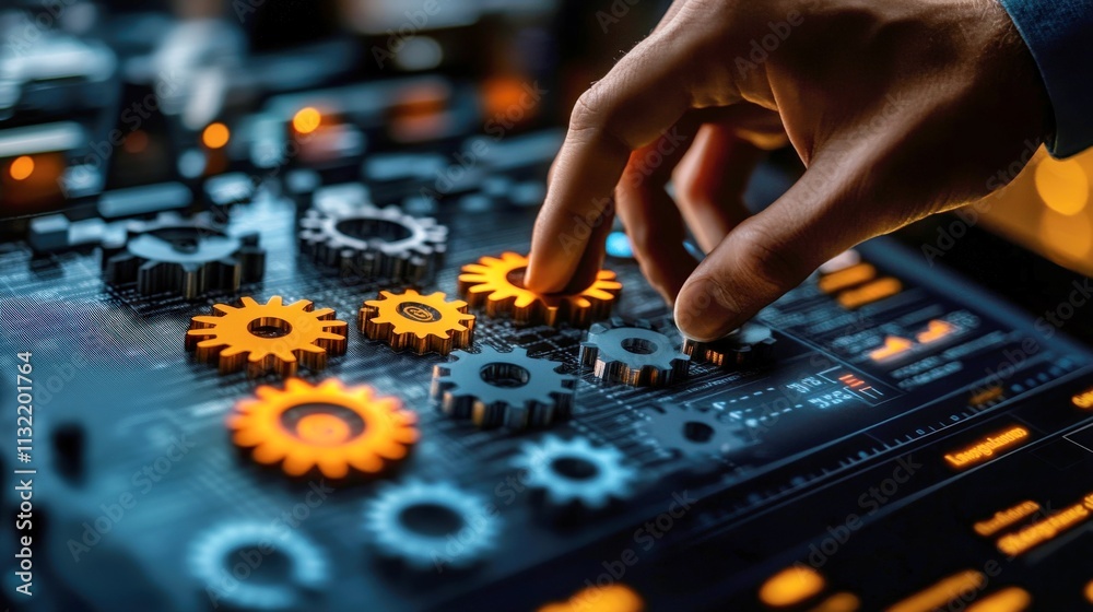 Fototapeta premium Futuristic technology interface with gears. Digital touchscreen emphasizes innovation and automation. Modern engineering and control in a conceptual abstract network design.