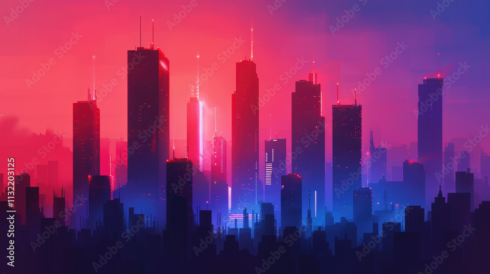 Fototapeta premium Vibrant Cityscape at Dusk with Illuminated Skyscrapers and Stunning Color Gradients