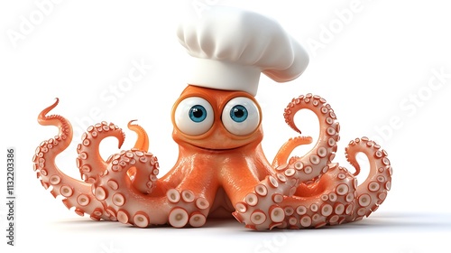 Cute 3D illustration of octopus wearing chef hat isolated on white background photo