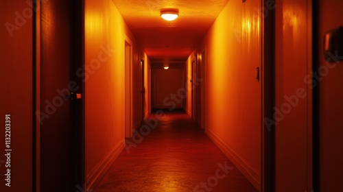 Long dimly lit hallway with doors on either side