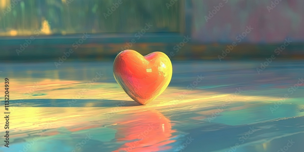 Fototapeta premium Colorful heart with light reflection. Glossy symbol of love and romance on vibrant background. Bright and elegant, with smooth surface abstract emotion. Perfect for valentine decoration, capturing