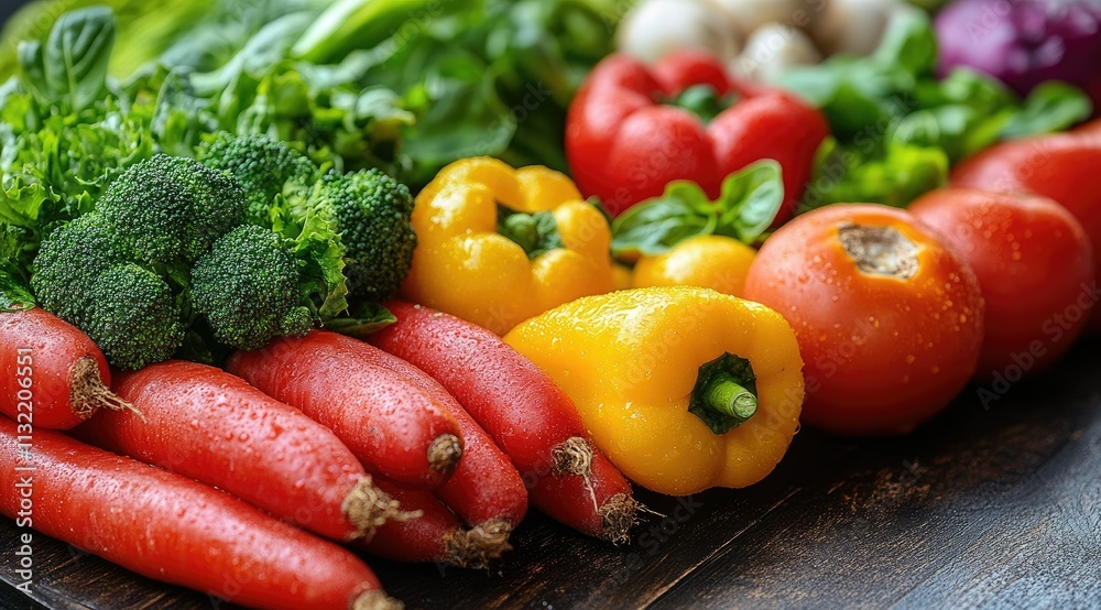 Fresh, vibrant vegetables, including carrots, peppers, tomatoes, broccoli, and lettuce, arranged on a dark wooden surface. Fresh, vibrant vegetables, including carrots, peppers, tomatoes, broccoli, and lettuce, arranged on a dark wooden surface.