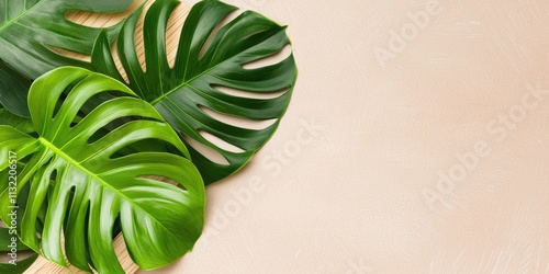 Vibrant green monstera leaves arranged on a soft pastel background, adding a touch of nature to any space.