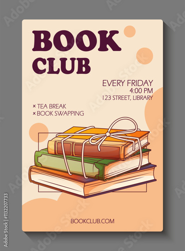 Template for poster design for book club. Vector illustration of stack of books tied with rope. Book lover, bookstore, library, reading concept.