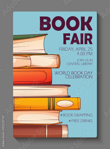 Template for poster design for world book day. Vector illustration of stack of books.  Book lover, bookstore, library, reading concept.