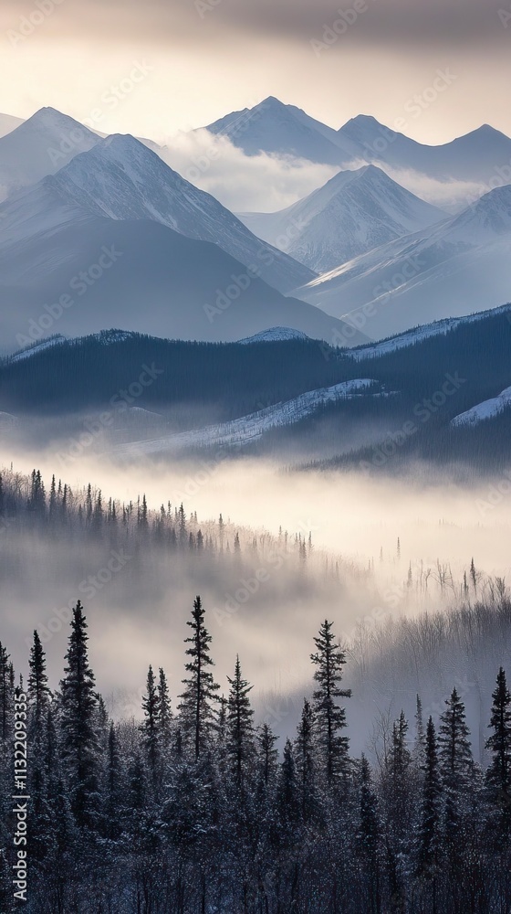 Obraz premium Snowy Peaks with Layers of Mist and Cloudy Sky Snow Covered Mountains and Peaks, Winter season, Happy New Year, Happy Christmas 