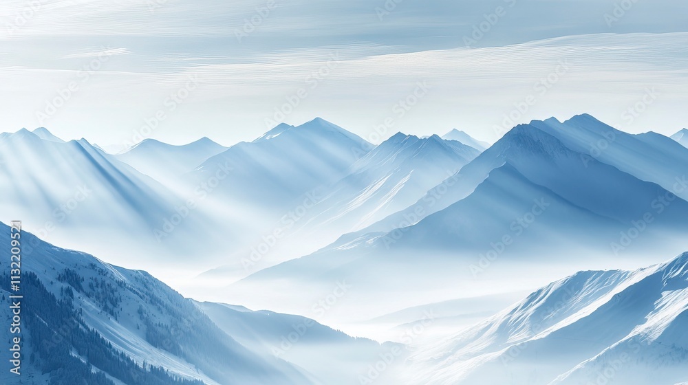 Snowy Peaks with Layers of Mist and Cloudy Sky  Snow Covered Mountains and Peaks, Winter season, Happy New Year, Happy Christmas 