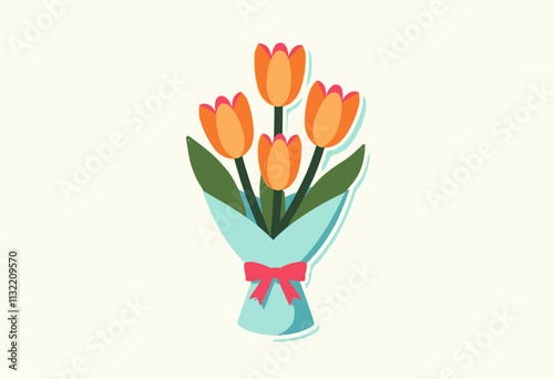 Whimsical Cartoon Flower Bouquet with Orange Tulips, Soft Lineart, and a Pink Bow - Perfect for Kids' Illustrations! 