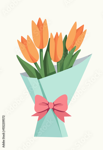 Adorable Kawaii Style Flower Bouquet Icon with Rounded Edges, Featuring Orange Tulips and Light Blue Wrapping Paper! 