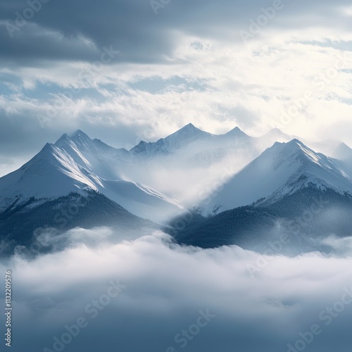 Wallpaper Mural Snowy Peaks with Layers of Mist and Cloudy Sky  Snow Covered Mountains and Peaks, Winter season, Happy New Year, Happy Christmas  Torontodigital.ca
