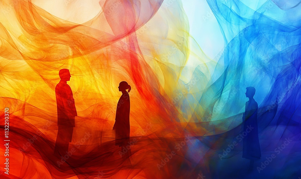 Fototapeta premium Silhouetted figures stand amidst vibrant, flowing fabrics.