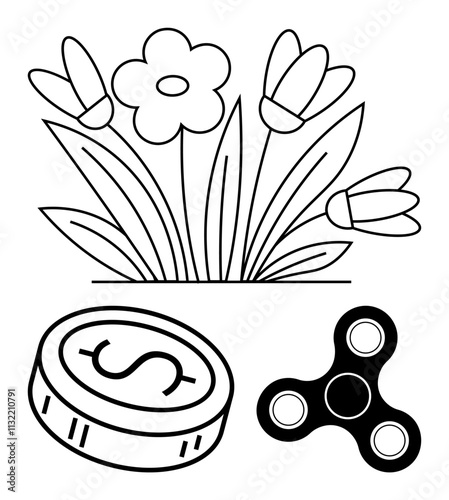 Flower garden with a coin and fidget spinner in black and white outline. Ideal for financial growth, relaxation, nature, investment, hobbies, education, and activities. Line metaphor