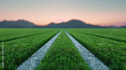 Lush Green Field with Clearly Marked Lines Under a Serene Sky at Dusk with Mountains in the Background