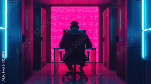 Person Using Headphones in Futuristic Data Center Surrounded by Neon Lights and Digital Code Background