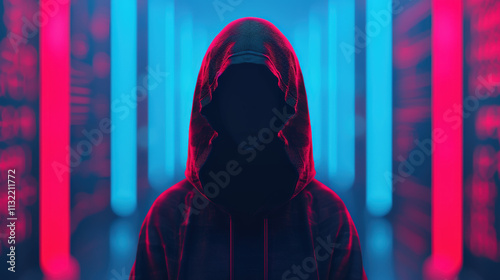 Mysterious figure in hooded sweatshirt stands in a futuristic setting with neon lights and data streams that evoke a sense of intrigue