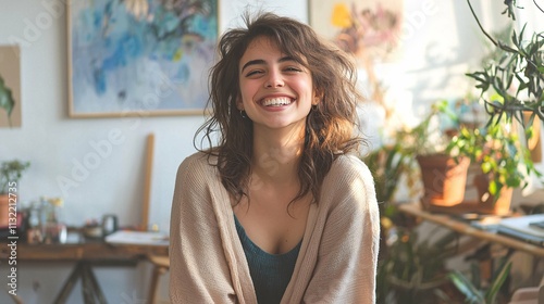 A young woman exuding inner happiness sits in a bright studio adorned with artistic decor, her authentic smile and at-ease demeanor showcasing profound contentment and joy. photo