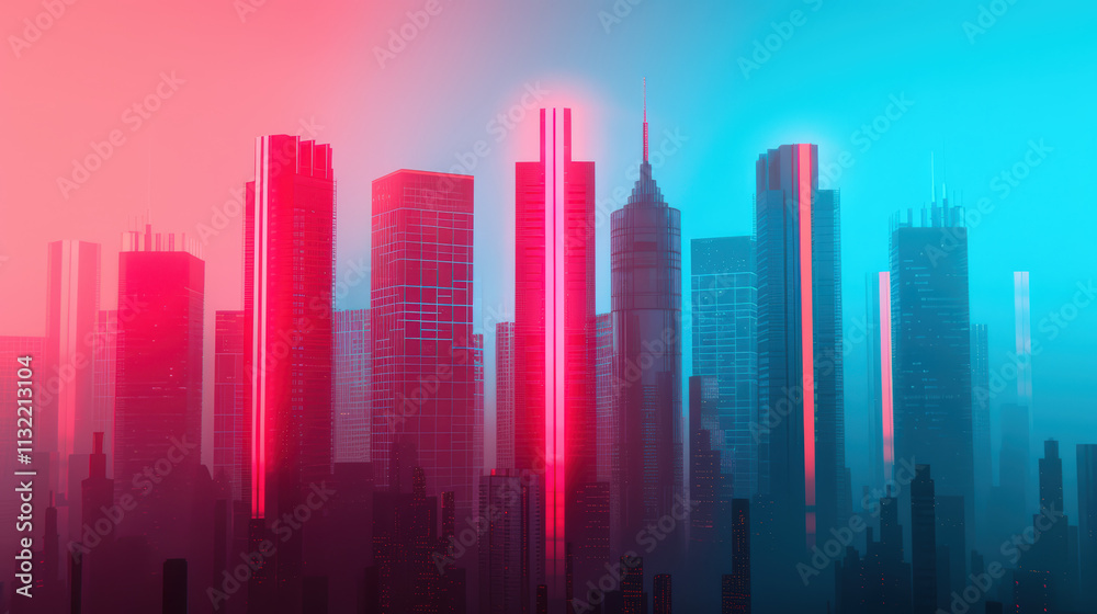 Obraz premium Futuristic Cityscape with Neon Lights and Abstract Geometry in Pink and Blue Hues