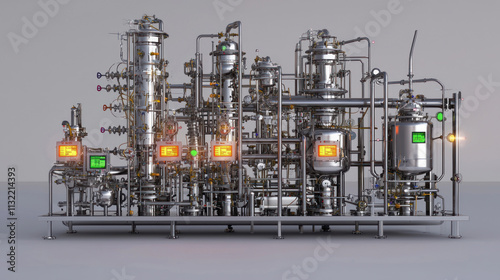 Pharmaceutical and Beverage manufacturing concept. Industrial processing equipment with intricate piping and controls