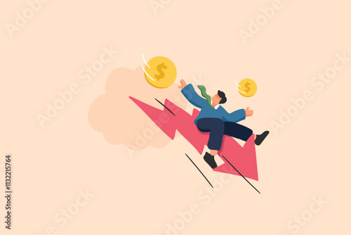 Business and Finance Decline Illustration. A Character Falling Alongside a Downward Arrow.