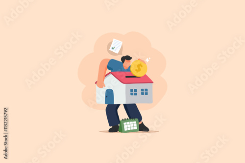 Home Debt and Financial Responsibility Illustration. A Man Carrying a House with a Coin and Calendar.