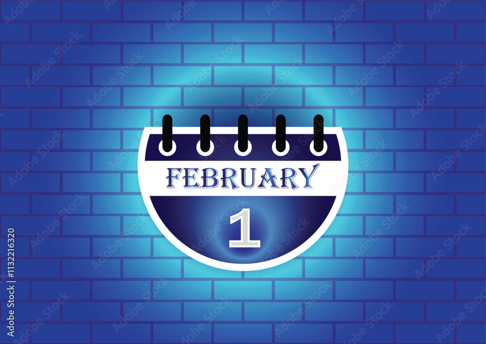 Obraz premium February 1 calendar sign on blue neon brick wall background. Flat design style. Date, day and month. Vector illustration.