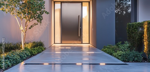 Contemporary front door with steel handle, polished concrete driveway, and soft inlaid lighting.