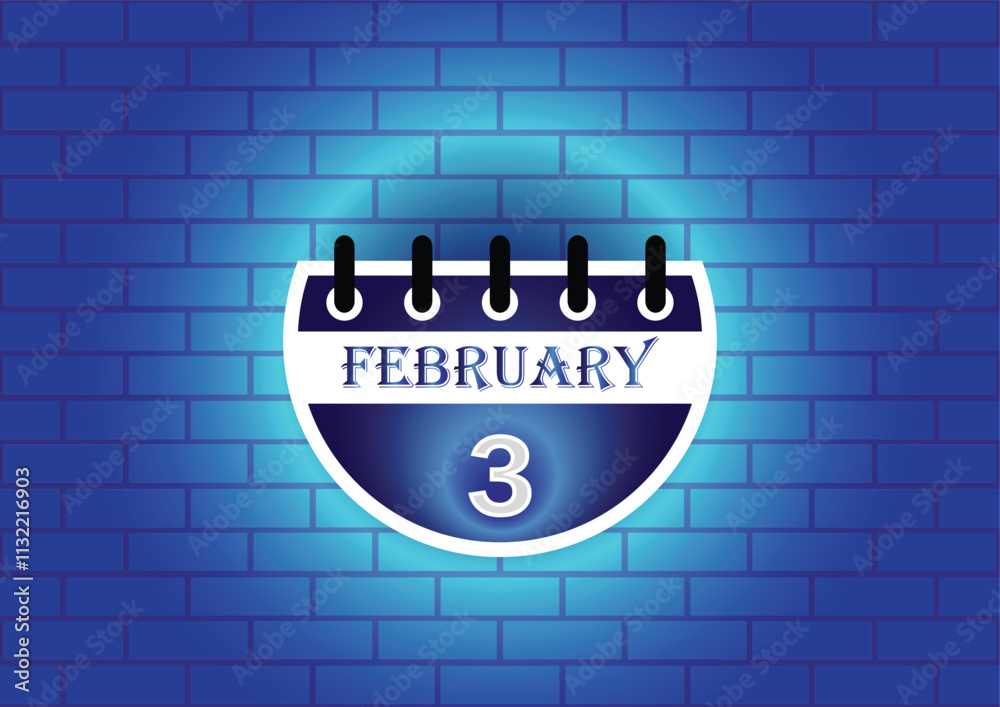 Obraz premium February 3 calendar sign on blue neon brick wall background. Flat design style. Date, day and month. Vector illustration.