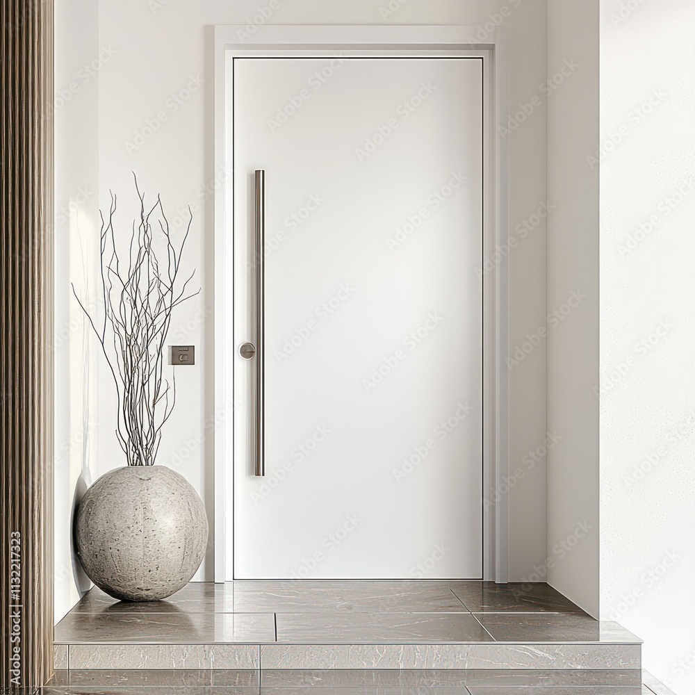 Glossy white front door with oversized metal handle, surrounded by sleek, minimal lines.