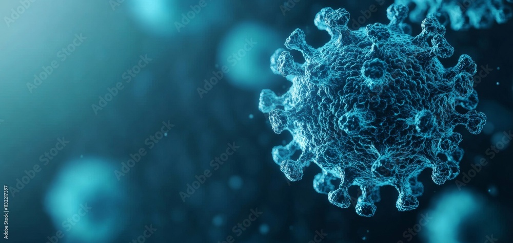 A close-up, digital of a virus particle, showcasing its intricate structure against a blurred background, emphasizing microscopic detail and scientific themes.