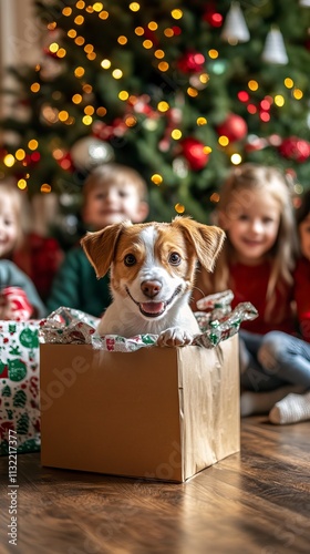 Surprise Puppy Gift on Christmas Morning Christmas Morning Gift Opening, Christmas Morning Gift Opening, Happy Christmas day, Winter vibe  photo