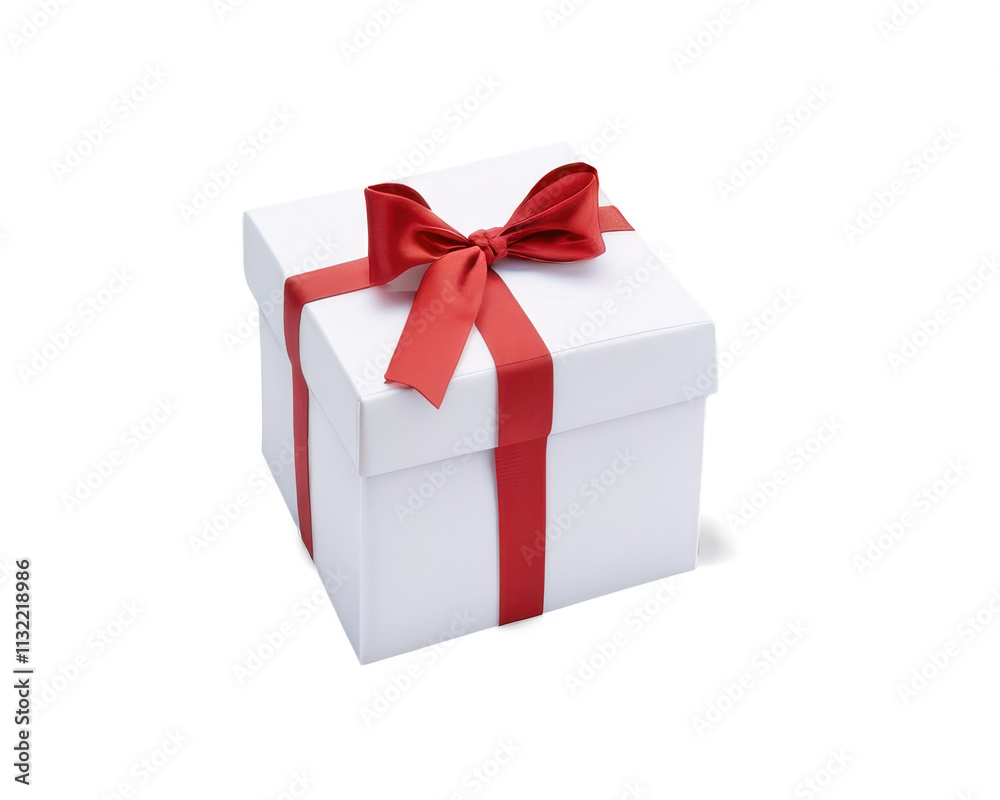 Fototapeta premium White gift box with red bow and ribbon, no background.