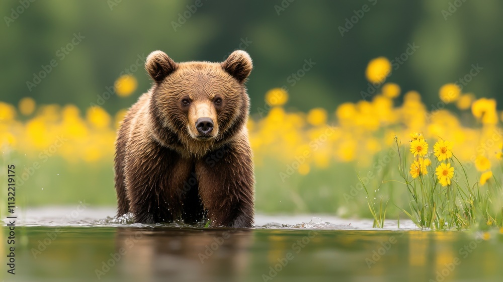 Obraz premium A brown bear wades through a tranquil landscape of yellow flowers, embodying nature's beauty and the wilderness.