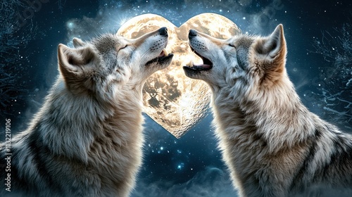 Two wolves howl at a full moon, forming a heart shape in the night sky, symbolizing love and connection in a mystical setting.