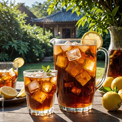 A refreshing pitcher of iced tea with lemon and mint, set in a serene garden.