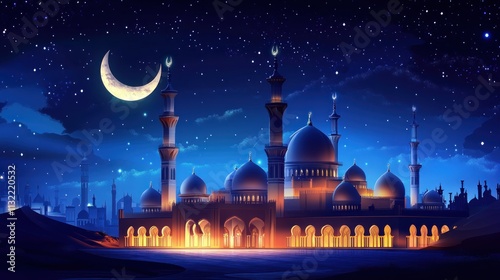 Dubai Tourism and Travel Spot Sharjah New Grand Mosque second largest mosque in Middle east, Beautiful night view of mosque with stars and moon, Amazing Islamic architecture design  photo