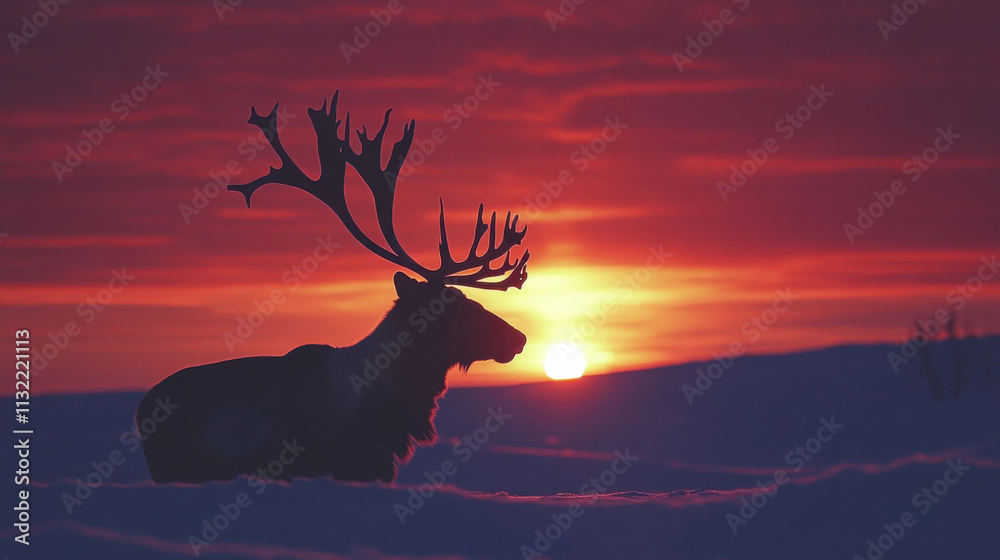 Naklejka premium Majestic silhouette of a reindeer against a colorful sunset sky, highlighting the beauty of nature in a winter landscape, peaceful and serene scene showcasing wildlife.