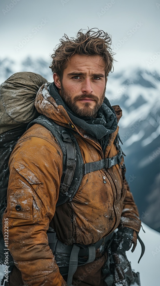 Obraz premium Rugged Adventurer on Snowy Mountain Peak