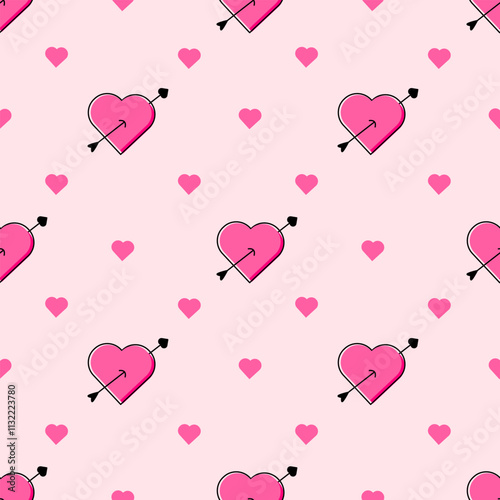 Pink hearts pierced by cupid arrows seamless pattern on pink background. Valentines day with hearts and arrows. Vector illustration.