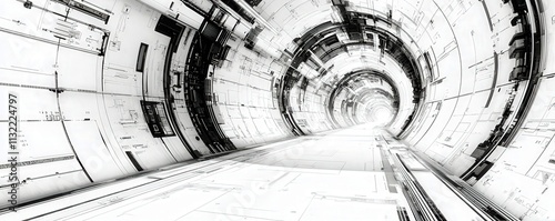 Futuristic tunnel with intricate lines and digital patterns, showcasing a bright light at the end, representing technology and progress in a sci-fi environment