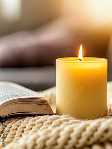 Cozy Candlelit Scene with Book and Blanket, Warm and serene setup featuring a glowing candle, an open book, and a soft knitted blanket, perfect for relaxation themes.

