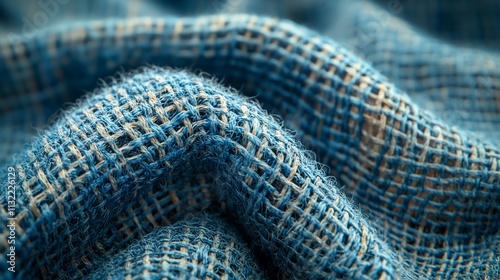 Close-up of textured blue fabric with visible weave.