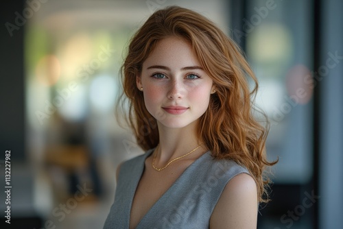 A portrait of a young woman with red hair, freckles, and a gentle smile, wearing a gray dress. Free Download A portrait of a young woman with red hair, freckles, and a gentle smile, wearing a gray dress. - GFXLoad