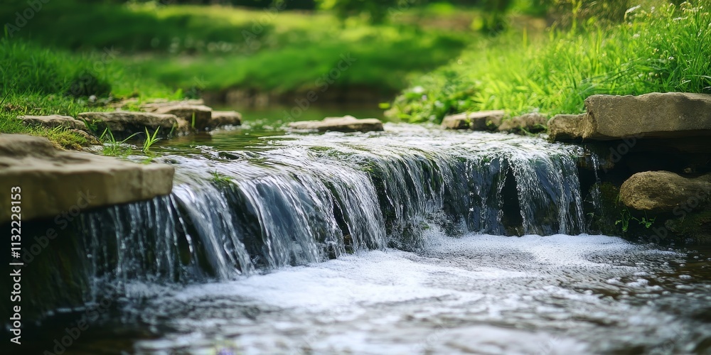 Obraz premium Delicate little waterfalls merge into a serene small river, creating a peaceful landscape. The beauty of little waterfalls cascading into a small river captivates nature lovers and photographers