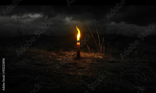 Lit candle amidst dark, grassy field, stormy sky.