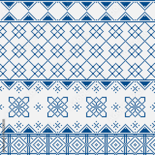 Seamless tracery geometric pixel pattern grid blue color on a light background. Seamless pattern with Ideal for printing on fabric, paper and cards.