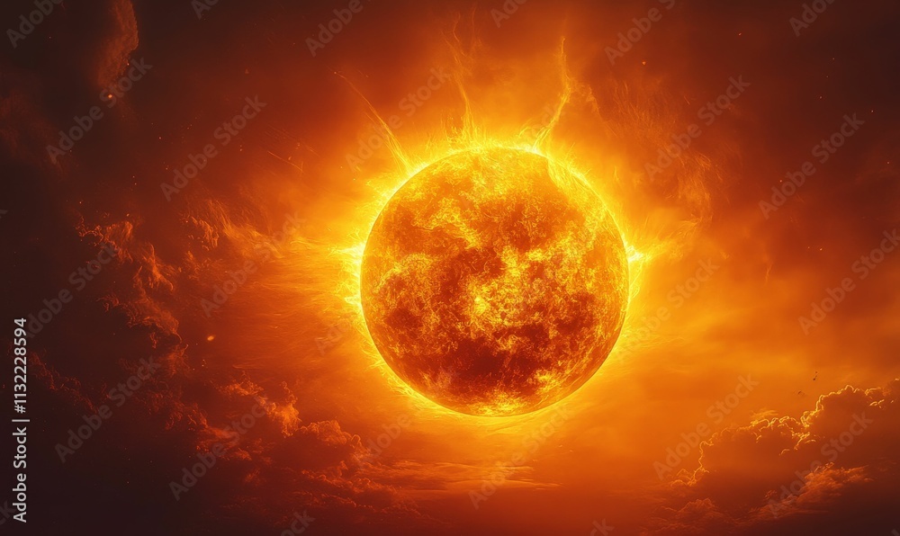 Obraz premium Fiery celestial body, intense orange glow, cosmic clouds.