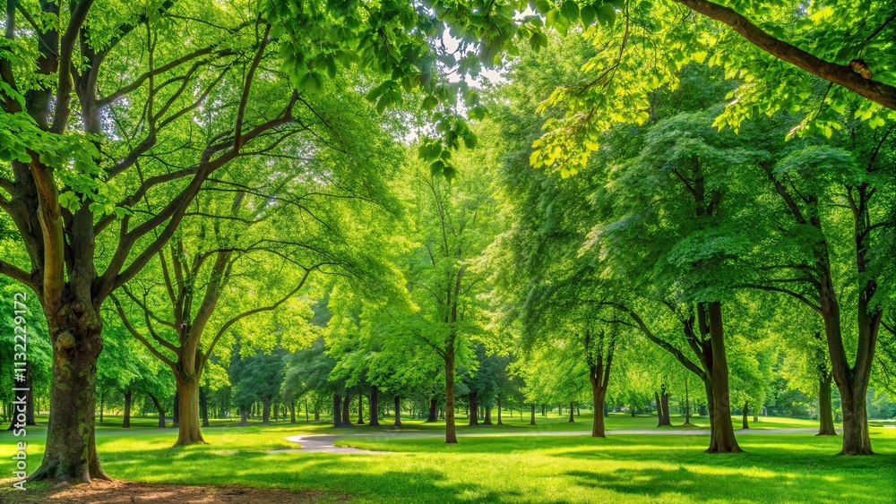Fototapeta premium Lush green leaves of various deciduous trees in a diverse summer park, park, nature, outdoors, foliage, trees, deciduous, green