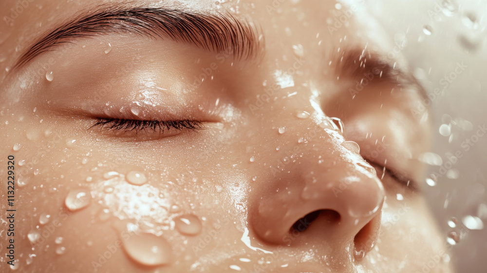 Fototapeta premium Close-Up of a Relaxed Woman's Face with Water Droplets, Highlighting Skin Texture and Natural Beauty, Capturing the Essence of Hydration and Serenity in a Soft Light Environment
